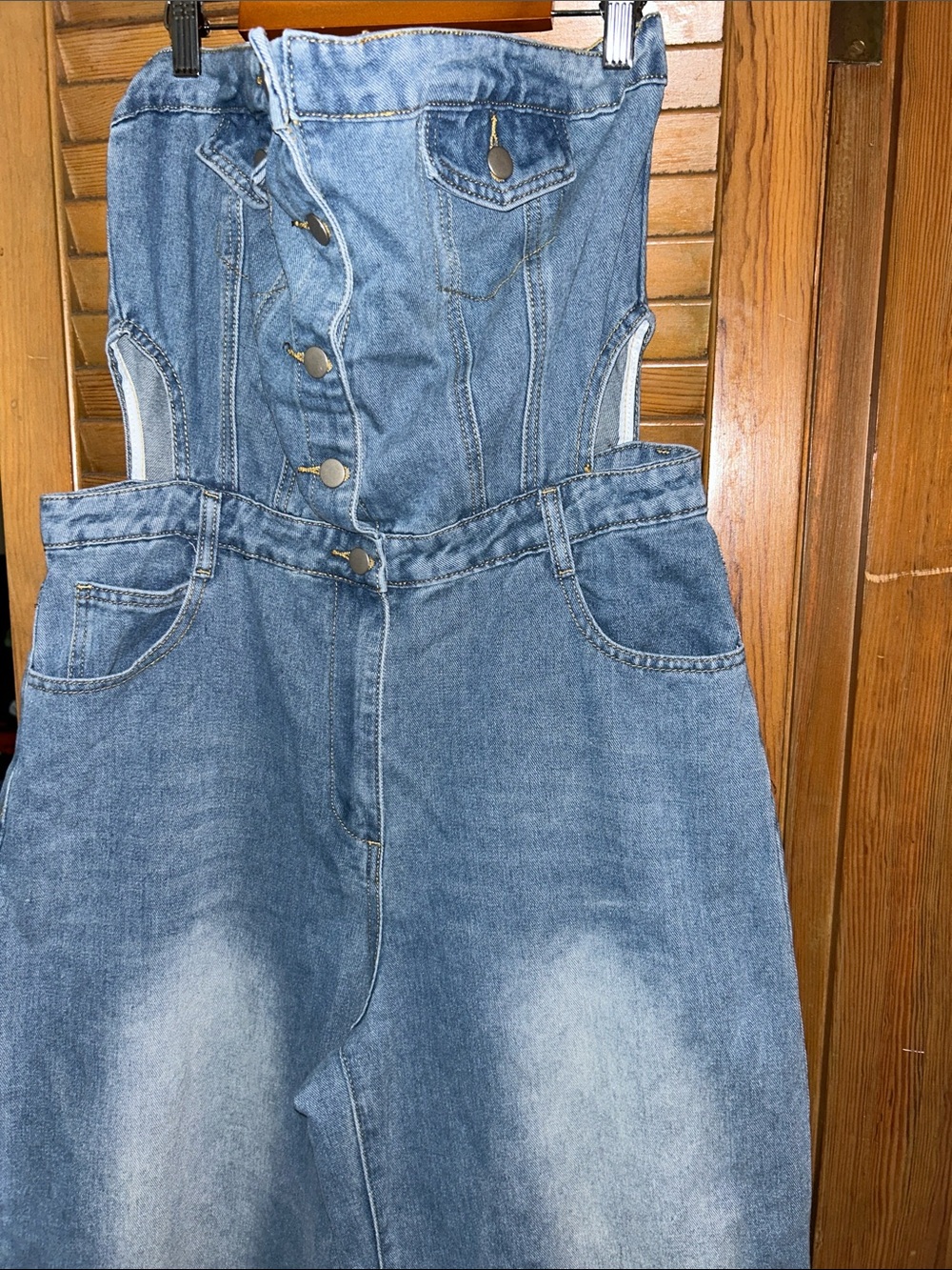 Fashion Nova Light Blue Denim Strapless Jumpsuit